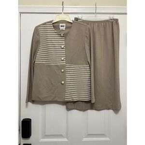 Vtg Leslie Fay Tan Brown Patchwork Jacket Hanky Womens Blazer Skirt Suit Size 14